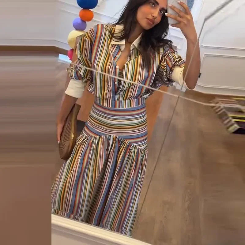 Elegant Colorful Stripe Shirt Skirt Set Women 2026 Puff Sleeve Lapel Shirts High Waist Long Skirts Autumn Lady All-matching Suit