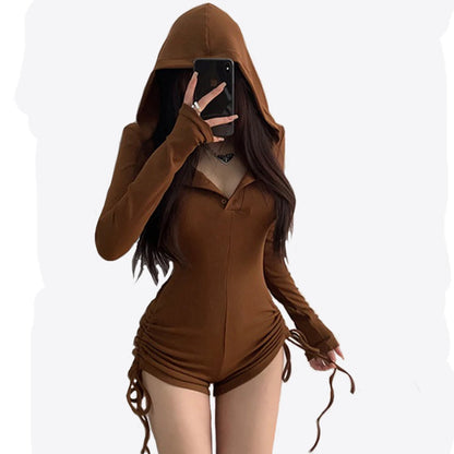 Women's Jumpsuits Y2k Shorts Playsuits 90s Vintage Slim Casual Sexy Bodysuits Long Sleeves Femme Aesthetic Punk Korea Hooded
