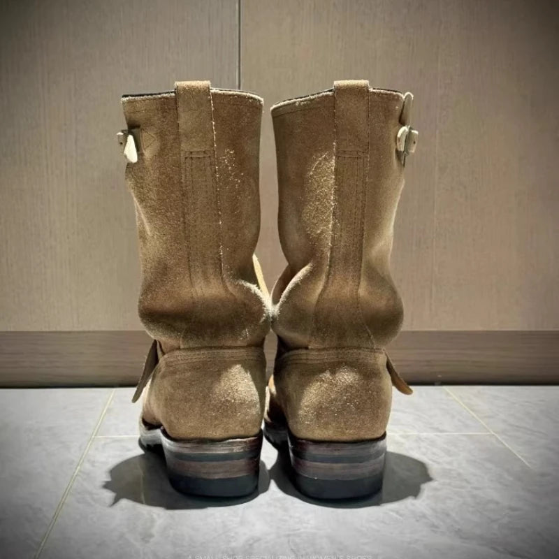 Leather Motorcycle Boots Men Women Engineer Shoes American Retro Khaki Suede Mid Calf motorcycle boots men motorcycle boots