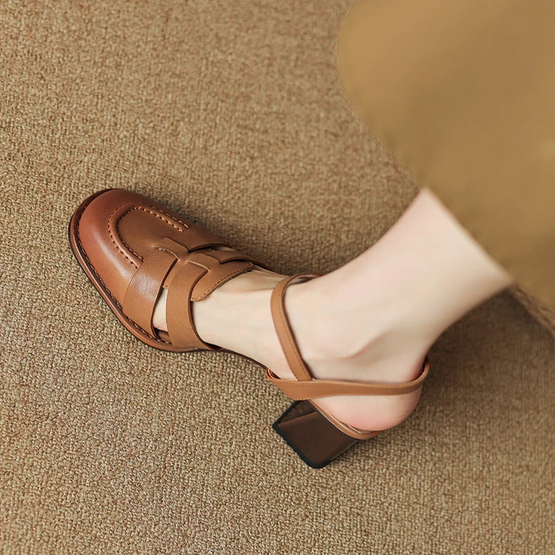 2026 New Size 34-43 Retro Genuine Leather Retro Sandals Woman Top Quality Ladies Buckle Summer Shoes Thick High Heels Sandals