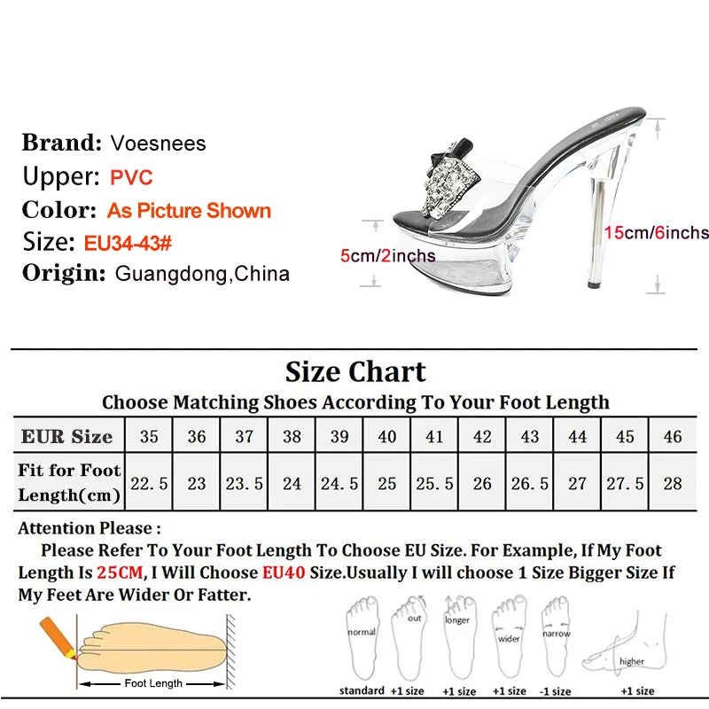 Summer Bowkont High Heels Slip-on Slippers Women Luxury Rhinestone Thick Platform Sandals Transparent PVC Crystal Shoes Size 43