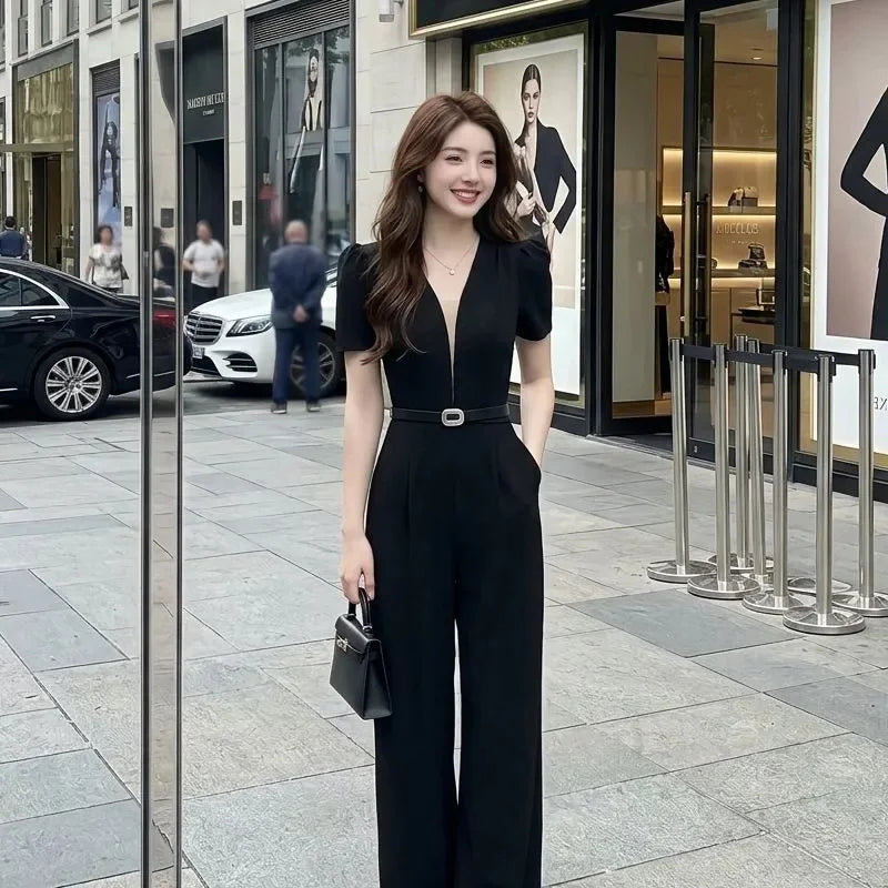 Lazy Style Slimming Short Sleeved Jumpsuit For Women 2026 Summer New Fashion French V-neck Versatile trend Long Women's Rompers