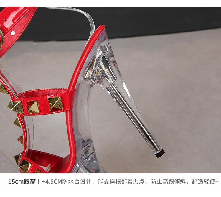 Women's Platform Sandals Rivet Pull Sandals Transparent High Heel 13CM Slim Heel Summer Waterproof Table LFD-1099-36