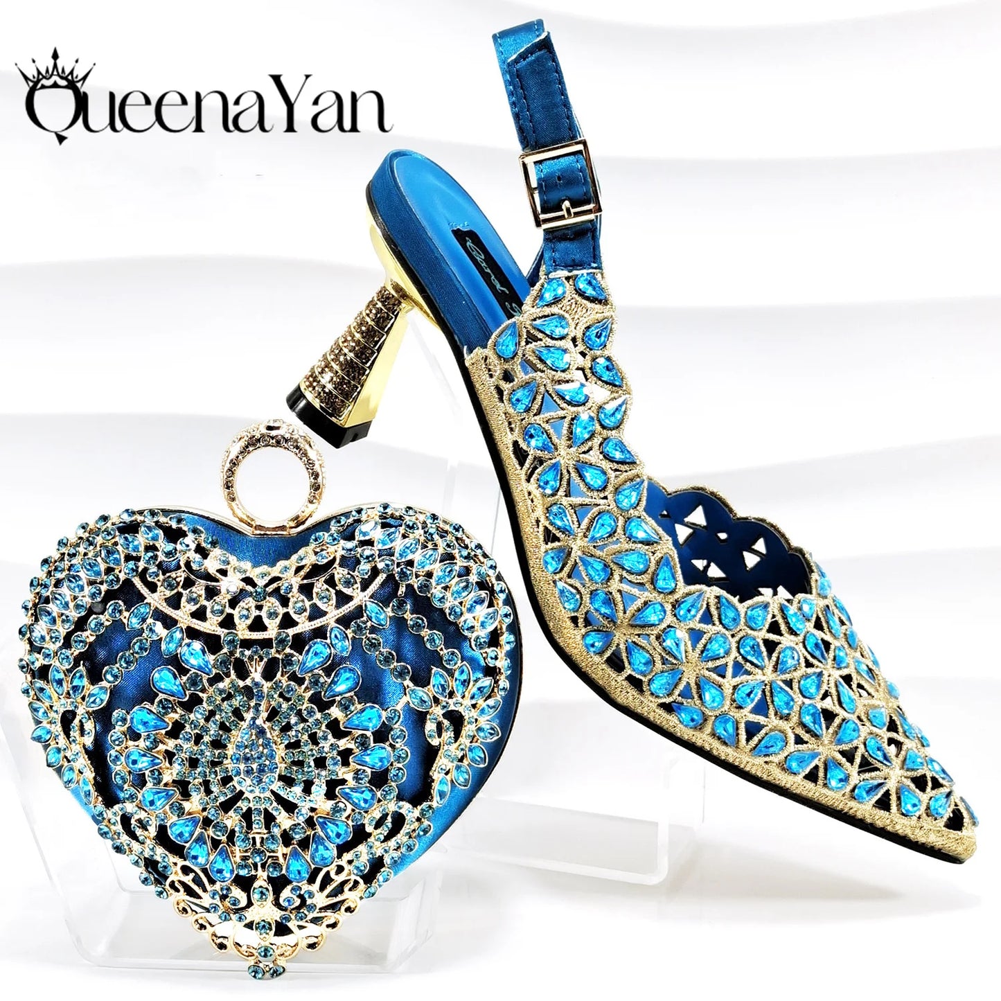 QSGFC Italian Design Rhinestone-encrusted Sex Ladies Shoes And Special Bag High Heels And Heart Shape Gold Mini Bag