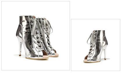 Women Sexy Thin High Heel Dance Shoes Party Ballroom Pole Jazz Lace Up Platform Dancing Boots Short Tube Heels 8.5/9.5CM Booties