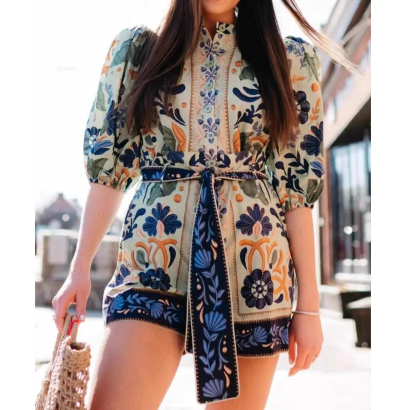 2025 Summer Fashion Jumpsuits New Women's Elegant Bohemian High Street Romper Printed Single Breasted Strap Streetwear Playsuits