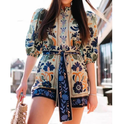 2025 Summer Fashion Jumpsuits New Women's Elegant Bohemian High Street Romper Printed Single Breasted Strap Streetwear Playsuits