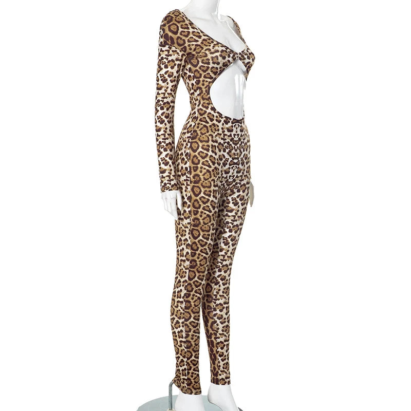 AVV Fashion Leopard Printing Long Sleeve Hollow Out Club Rompers Sexy Women's V-neck High Waist Skinny Jumpsuit Streetwear
