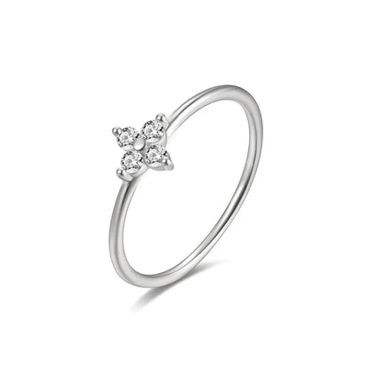 925 Thai Silver Inlaid Four Leaves Clover Zirconia Flower Ring for Women Simple Elegant Good Luck Anniversaries Jewelry Gift
