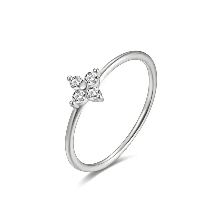 925 Thai Silver Inlaid Four Leaves Clover Zirconia Flower Ring for Women Simple Elegant Good Luck Anniversaries Jewelry Gift