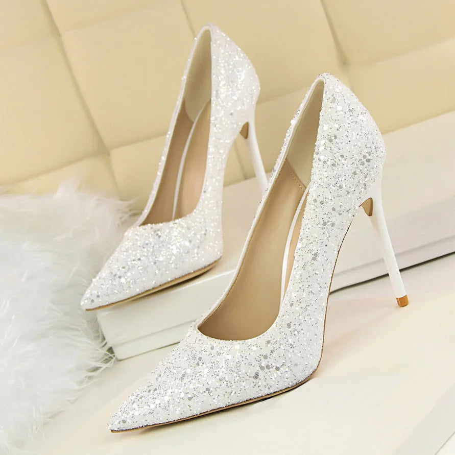Women 7cm 9.5cm High Heels Pumps Wedding Bridal Scarpins Sparkly Mid Heels Lady Party Sequins Glitter Evening Gold Silver Shoes