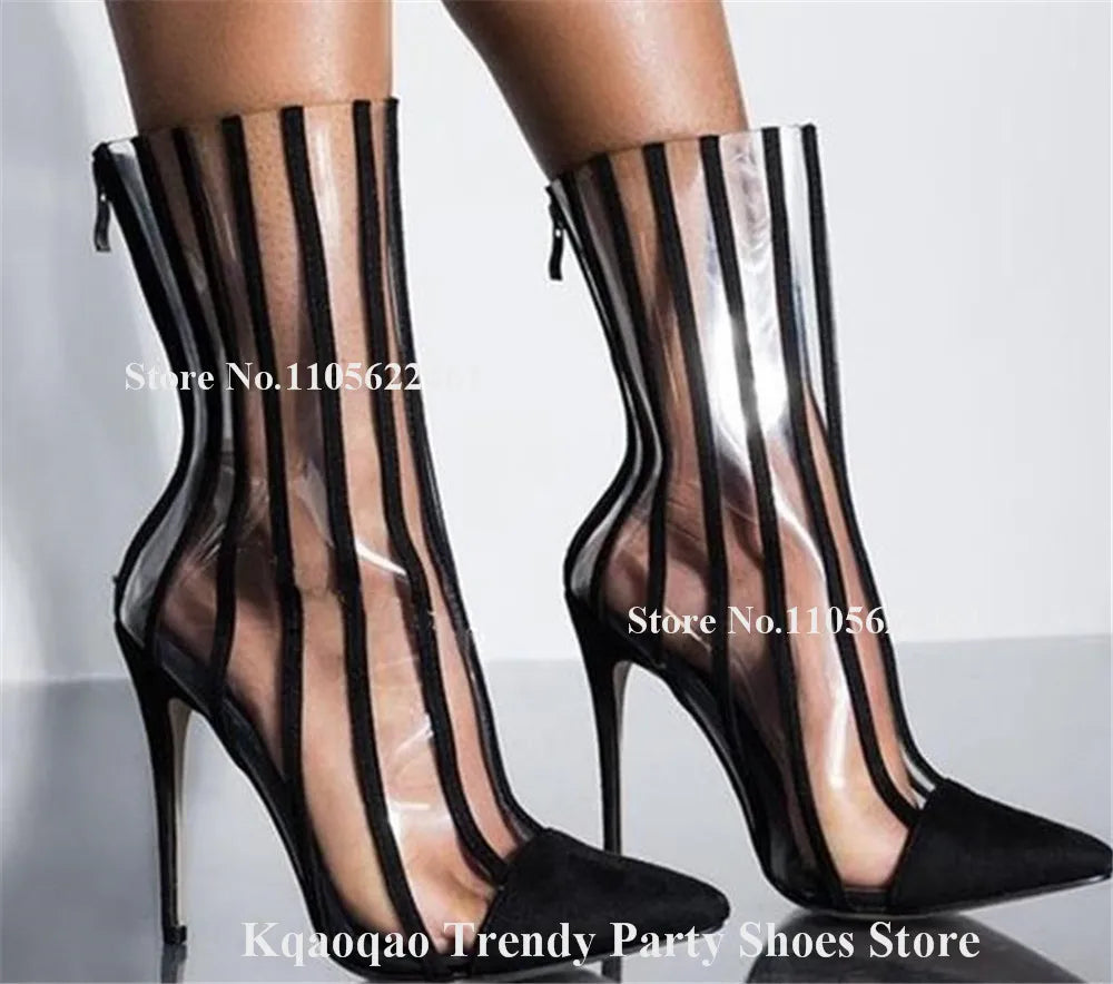 Kqaoqao Red Silver White Stripes Patchwork Stiletto Heel Short Boots Pointed Toe Transparent PVC Thin Heel Ankle Booties