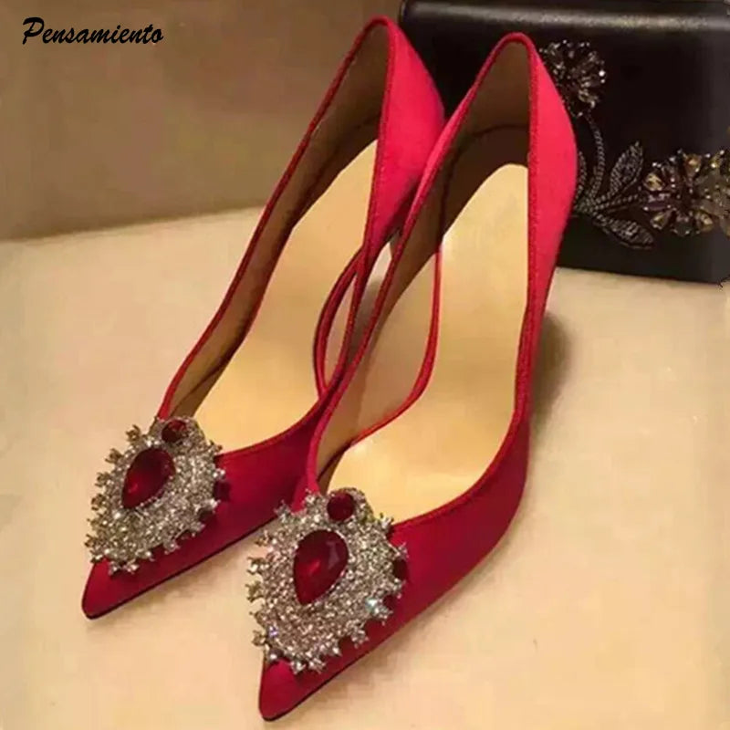 Luxury Diamond Crystal Satin Women Pumps Elegant Pointed toe Stiletto High heels Spring Autumn Fashion Wedding Banquet Shoes