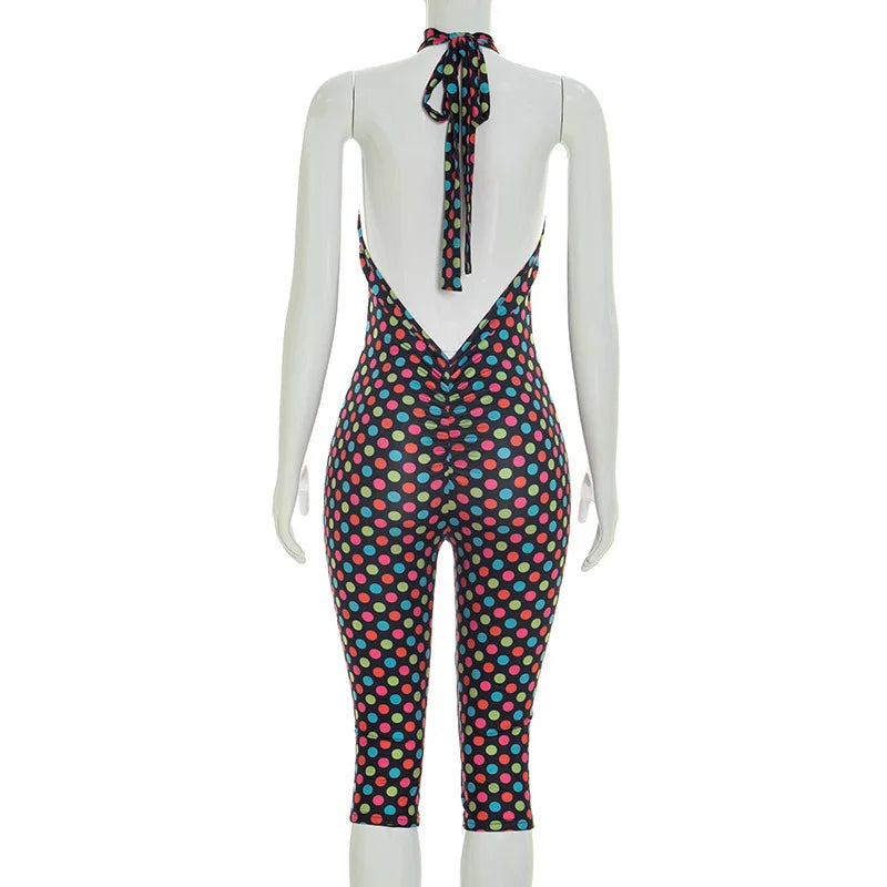 FAGADOER Fashion Color Dot Printing Bodycon Jumpsuits Woman Halter Sleeveless Backless Rompers Female Streetwear Overalls 2026