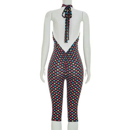 FAGADOER Fashion Color Dot Printing Bodycon Jumpsuits Woman Halter Sleeveless Backless Rompers Female Streetwear Overalls 2026