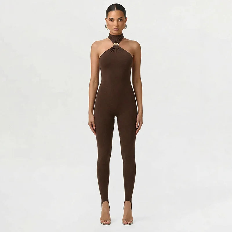 Off Shoulder Halter Sexy Jumpsuit Women Party Club Summer Bodycon Backless Rompers Sleeveless One Piece Overall Beach Vacation