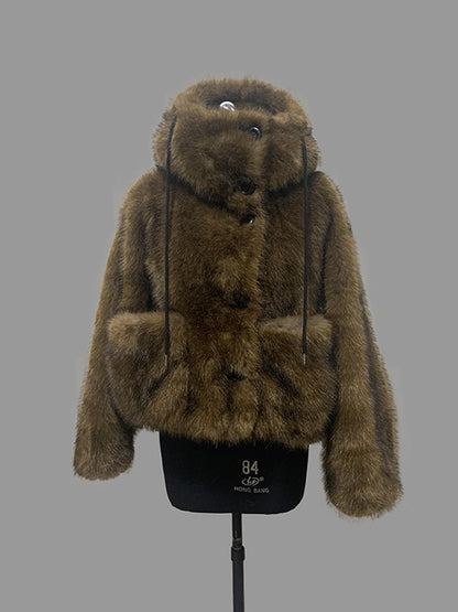 Nerazzurri Winter Short Oversized Thick Warm Shaggy Fuzzy Faux Fox Fur Coat Women Pockets Single Breasted Fluffy Hooded Jacket
