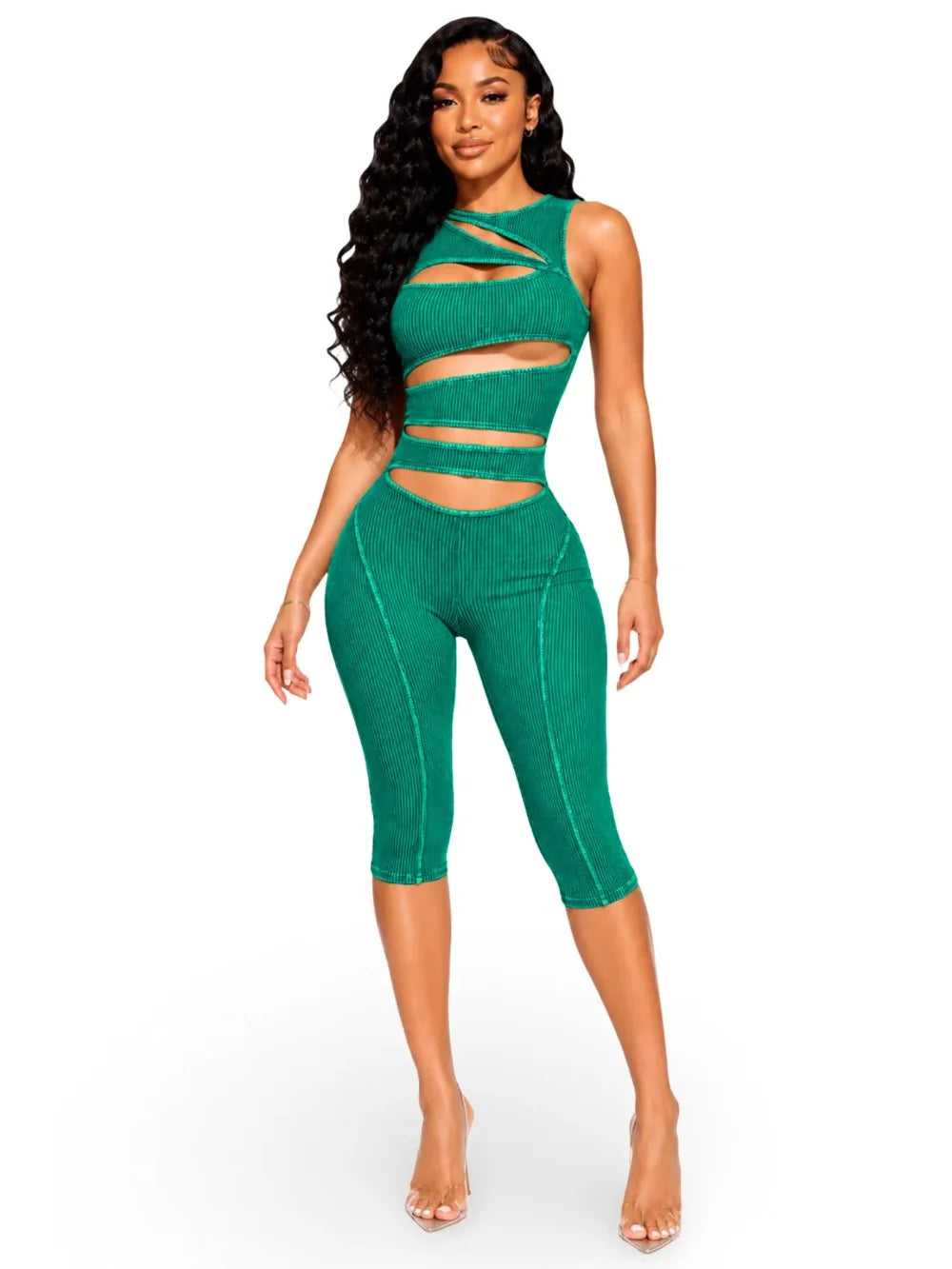 FLARORA Fashion Ribber Knitted Capri Jumpsuits Woman Sexy Hollow Out O-neck Sleeveless Zipper Skinny Playsuits Hottie Streetwear