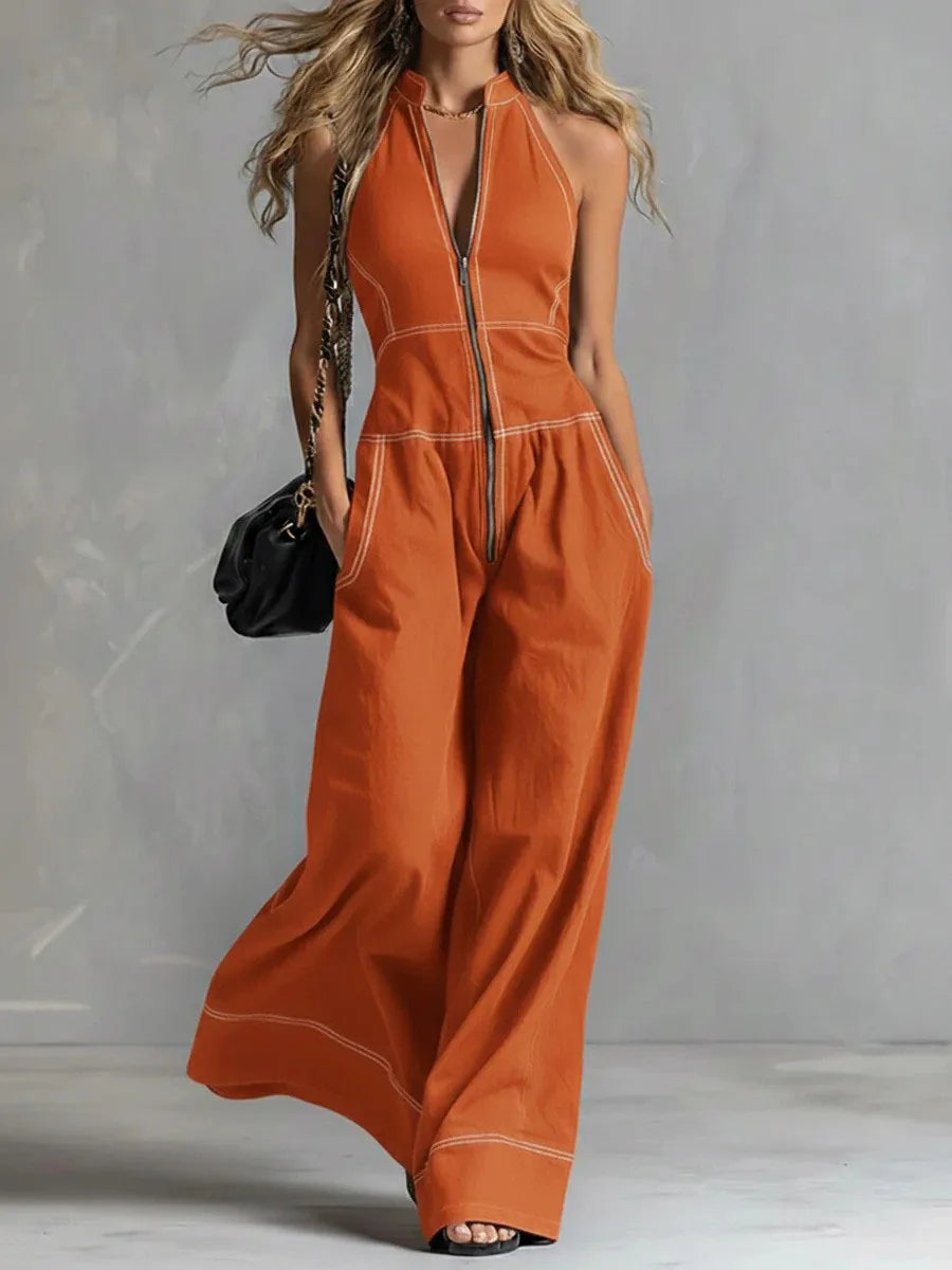 Spring Autumn Fashion Rompers Jumpsuit Women Loose Off-shoulder Zipper Pockets Wide Legs Trousers Overalls Sleeveless 64034