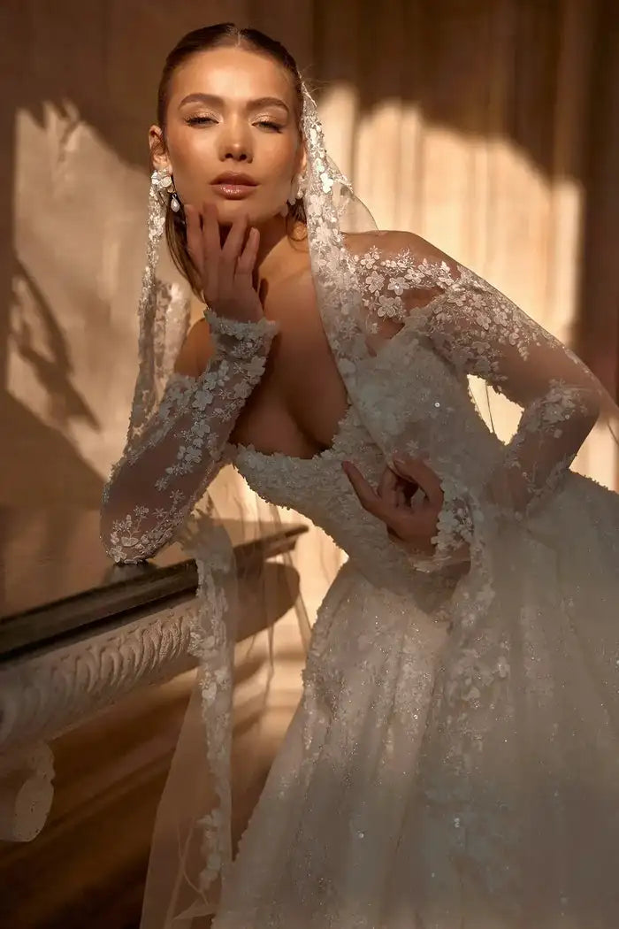 Luxury Sweetheart Lace Wedding Dress Off Shoulder Long Sleeve Prom Dresses A-line Elegant Bride Dress Customization