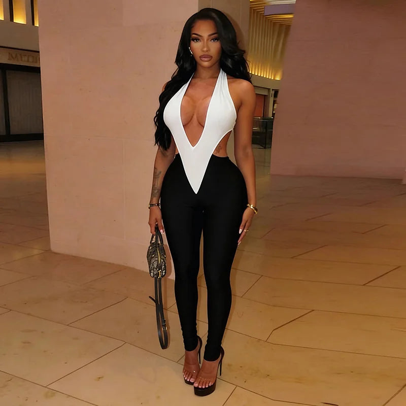 Patchwork Rave Outfit Woman Jumpsuits and Rompers Fancy Club Party Halter V-neck Backless Sleeveless Skinny One Piece Jumpsuit