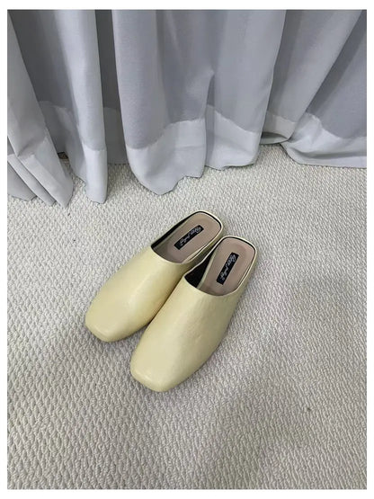 Fashion Square Toe Flat Slippers Women Casual Slip On Mule Luxury Brand Outsides Slides Elegant Pleated Ladies Shoes Sandal Flip