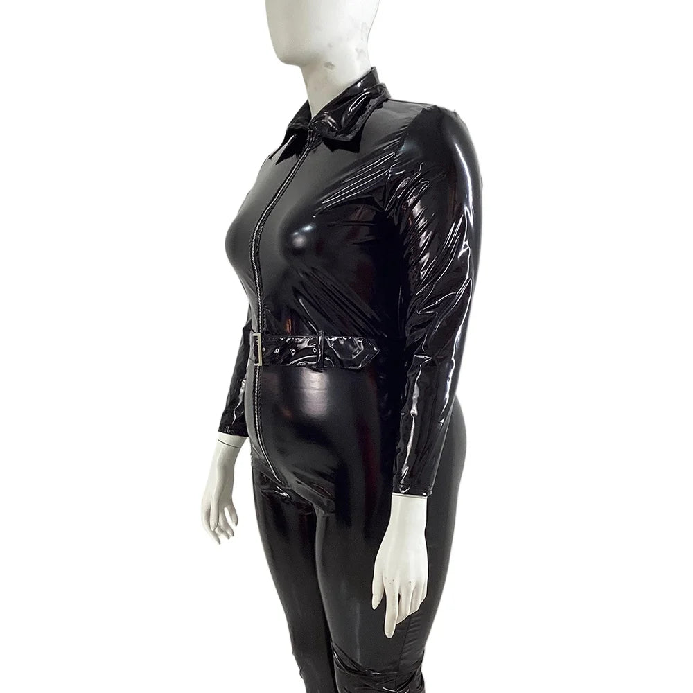 Plus Size Faux Latex Catsuit Elastic PVC Leather Zipper Long Sleeve Jumpsuit Tight Sexy Cosplay Rompers Ankle-length Club Zentai