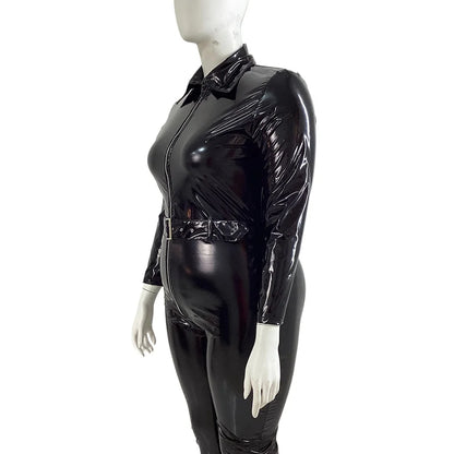 Plus Size Faux Latex Catsuit Elastic PVC Leather Zipper Long Sleeve Jumpsuit Tight Sexy Cosplay Rompers Ankle-length Club Zentai