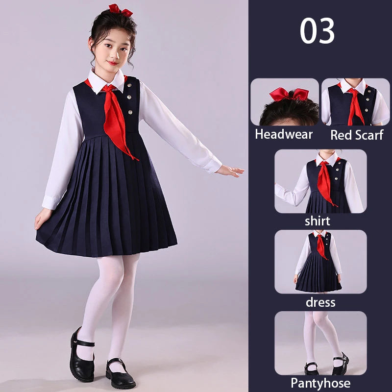 Girls Preppy Style Pleated Jumper Dress Headdress + Bow Tie Pants Suit Children Choir Poetry Performance Fashion School Uniform