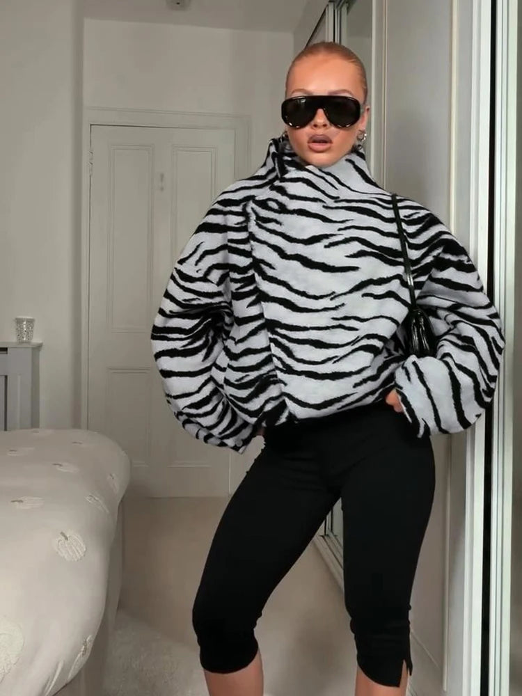 Fashion Women's Zebra Stripe Print Jacket Stand Collar Full Sleeve Loose Oversize Jackets Female 2026 Autumn Street Lady Coat