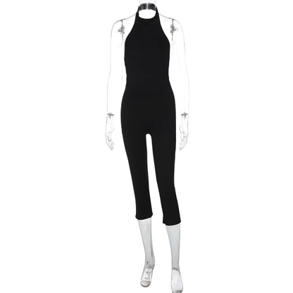 Dulzura Women'S Halter Sleeveless Backless Ribbed Single Breasted Jumpsuit Solid Sexy Casual Romper Party Club Street Clothes