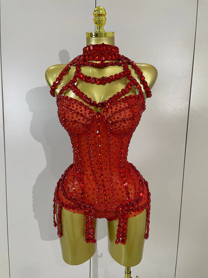 Luxury Sparkly Red Rhinestones Mesh Stretch Bodysuit Women Birthday Party Nightclub Bar Singer Dancer Performance Stage Costume