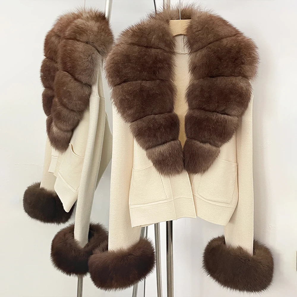 OFTBUY Loose Fit Warm Winter Fashion Lady Outerwear Sweater Female 2025 New Women's Knit Cardigan with Large Real Fox Fur Collar