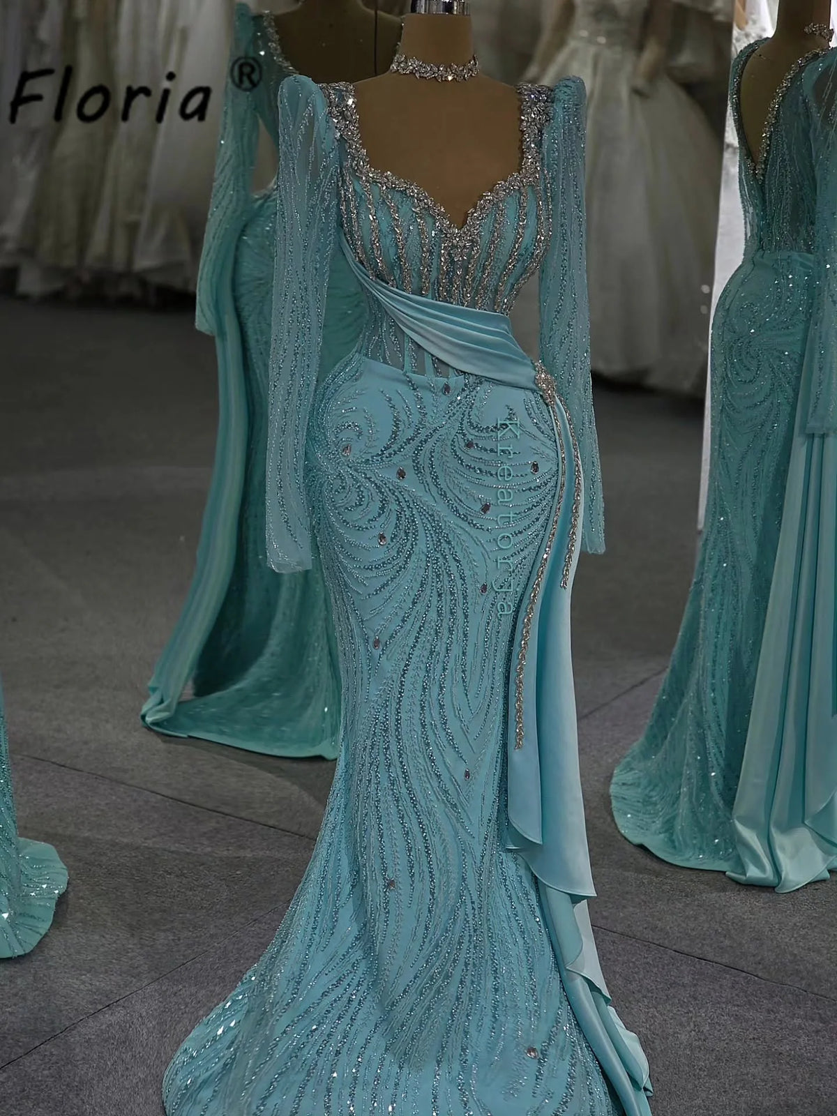 Sparky Mint Green Mermaid Prom Dress Crystal Sequins Evening Party Dresses Long Sleeve Side Train Soiree Wedding Reception Gown