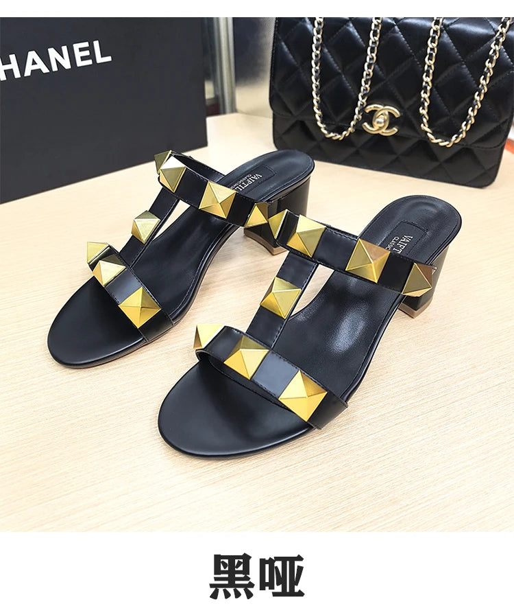 Women's Heels Sandals Gladiator Summer Luxury Brand Designer Rivets Open Toe Slipper Slingbacks Comfortable Ladies Shoes Women