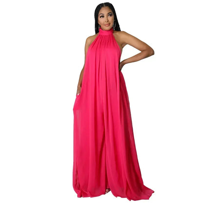 2026 New Women's Solid Chiffion Loose Halter Jumpsuits Sexy Backless Wide Leg Pants Rompers Fashion Party Elegant Women Clothing