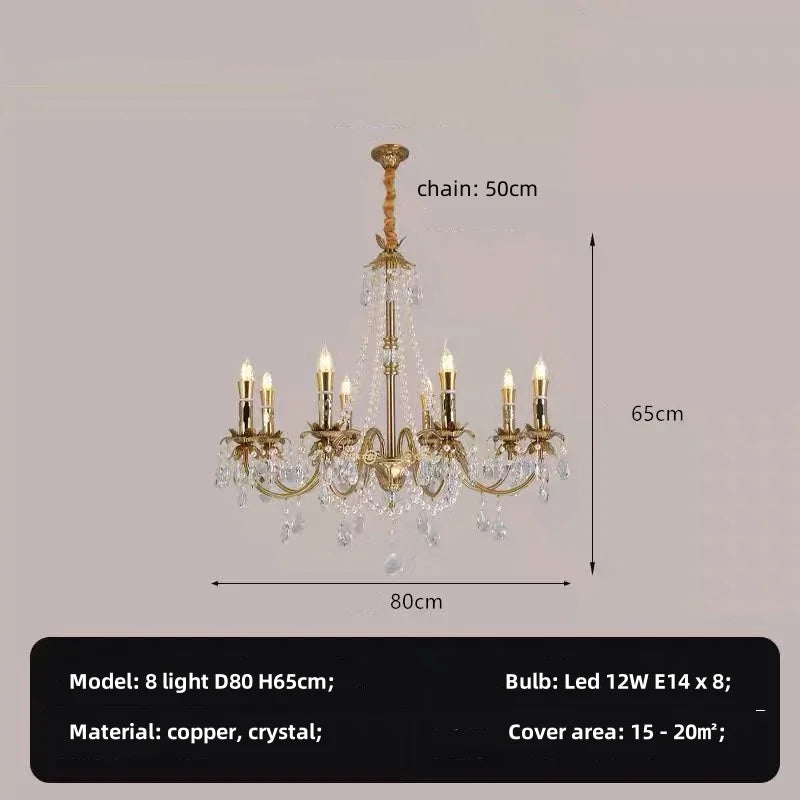 American Luxury Candle E14 Chandelier Living Room Lustre Crystal Hanging Lamp Copper Suspend Lamp Led Luminarias Decor Lamparas