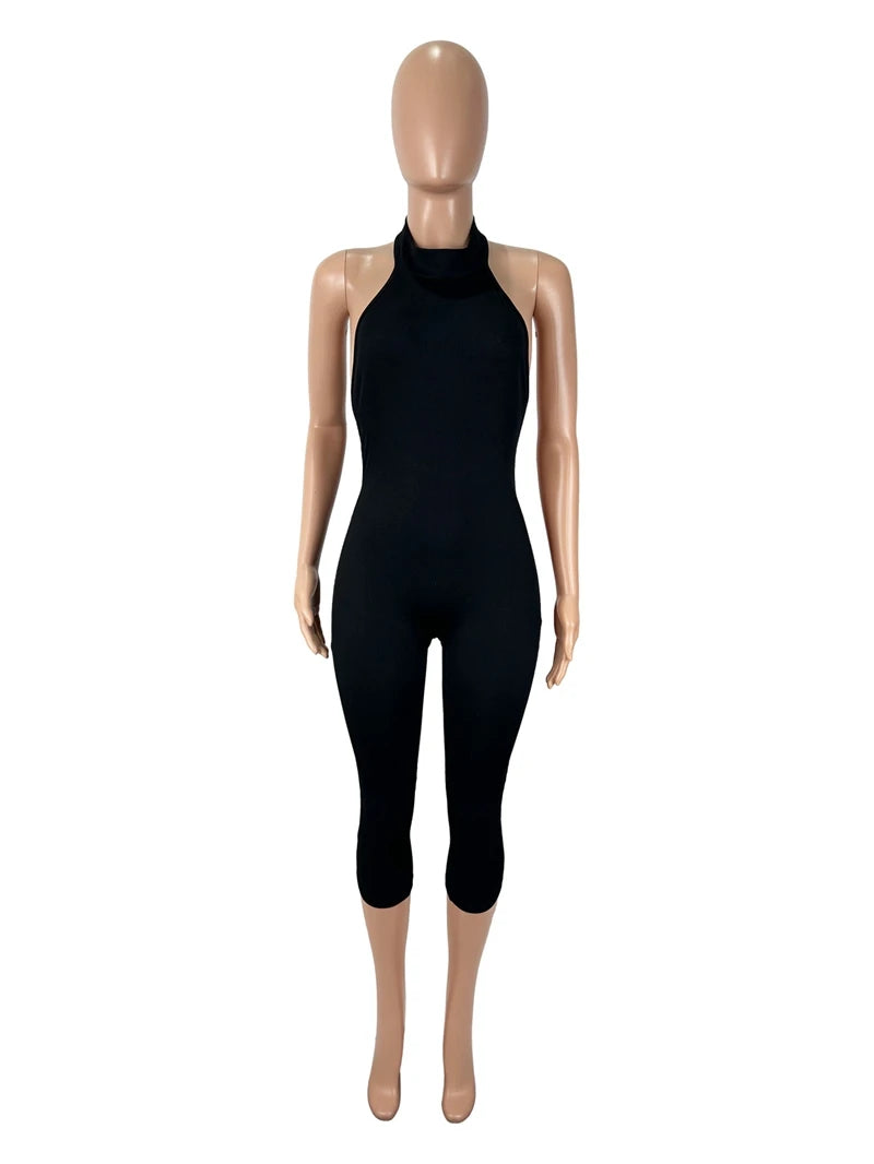 STYLISH LADY Sporty Calf Length Jumpsuits 2025 Autumn Women Halter Backless Bodycon Sexy Club Party Skinny Solid Color Jumpsuit
