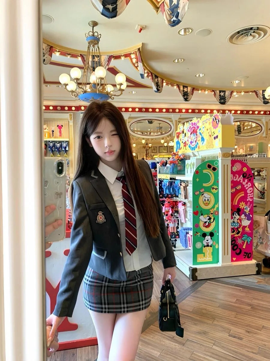 Korean and Japanese JK Uniform Suits for Women Autumn and Winter New Style College Plaid Skirt Short Small Suit Waist Shirt Suit
