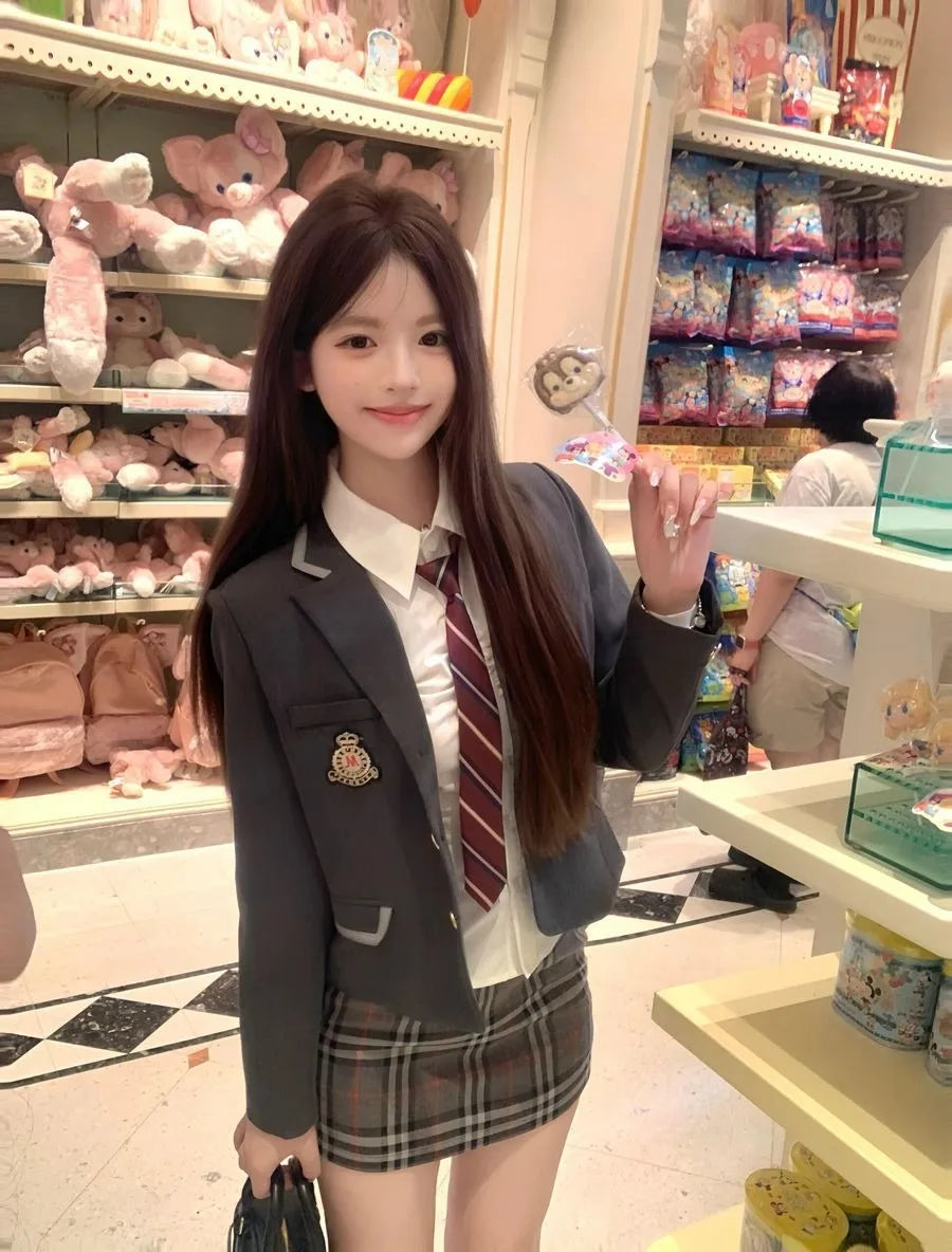 Korean and Japanese JK Uniform Suits for Women Autumn and Winter New Style College Plaid Skirt Short Small Suit Waist Shirt Suit
