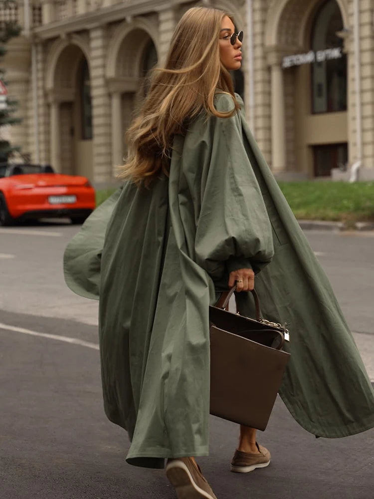 Women's Autumn Long Trench Coat Stand Collar Button Batwing Sleeves Side Slit Oversized Jacket Chic High Street Windproof Outfit
