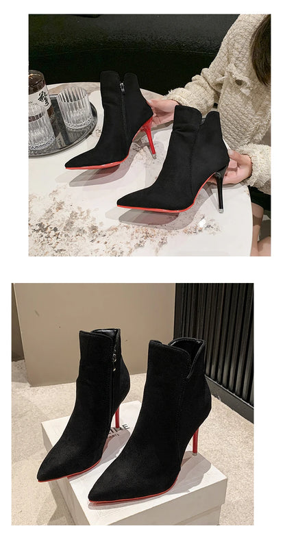 Aphixta 10cm Stilettos Winter Red Heels Zip Warm Black Ankle Boots Women Flock Footwear Shoes Women Super Big Size 47 48 49 50