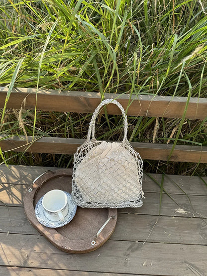 Hylhexyr Ins New Solid Color Gold and Silver Thread Handmade Weaving Bag Bucket Shaped Fashion Handbag Beach Bags