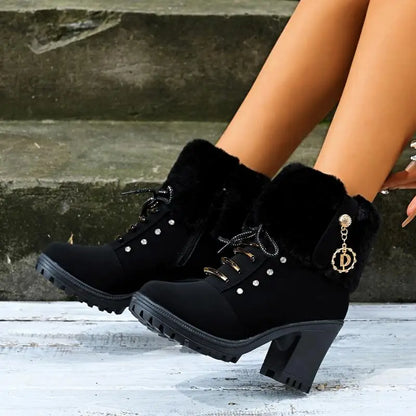 Elegant Fluffy Fur Thick High Heel Suede Ankle Boots Women Winter 2026 Designer Warm Plush Black Short Boots Woman Furry Booties