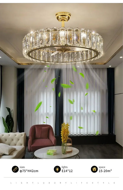 Nordic Luxury Crystal Ceiling Fan Light Modern Minimalist Dining Room Hotel Pendant Lights Living Room Bedroom Silent Fan lamp