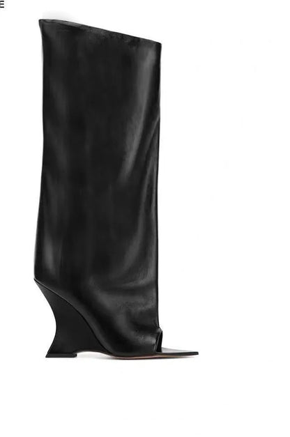 2006SoleLadies'-Spring/Summer-New-Fish-Mouth-Slope-High-Heel-Short-Boots-with-Pointed-Toe-Exposed-Cool-Boots,-Mid-Top-Boots