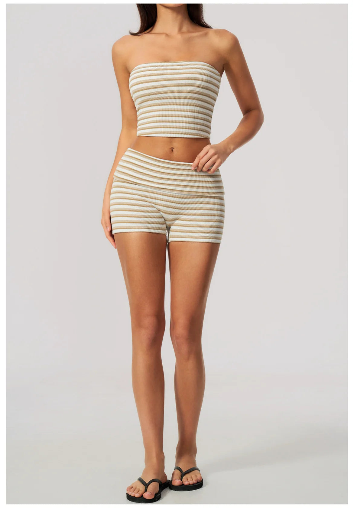Women 2/3pcs Yoga Set Gym Clothing Fitness Suit Workout Tracksuit Outfits Ribbed Striped Strapless Tube Top Zipper Long Sleeve