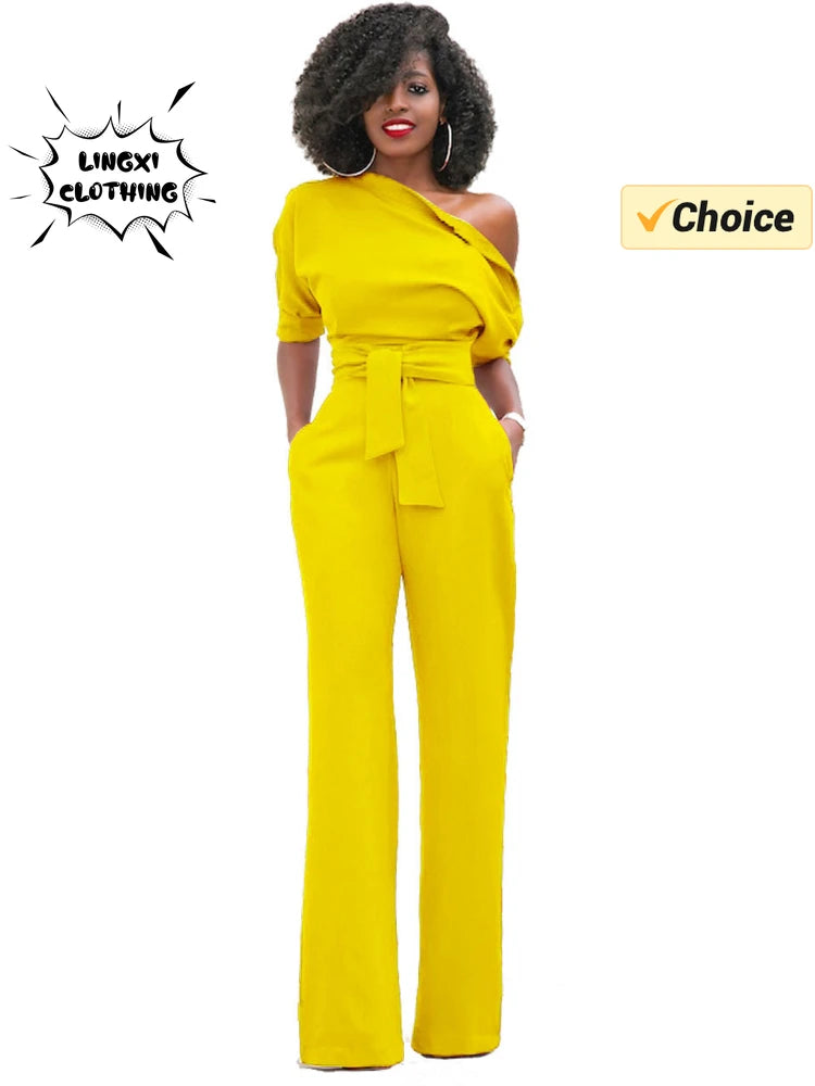 2024 Summer New Fashion Women's Jumpsuit Solid Color Slanted Shoulder Elegant Temperament Sleeveless Long Wide Leg Jumpsuit
