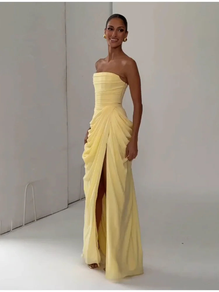 Solid Pleated Strapless Women's Dress Backless Off-shoulder High Waist Split Female Dresses 2026 Sexy Summer Evening Party Gown
