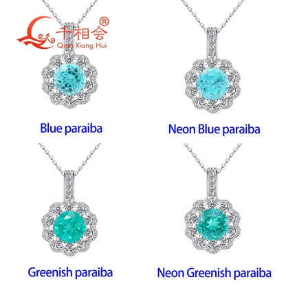 925 Sterling Silver 8mm Round YAG Paraiba Neon Blue/Greenish  Tourmaline Pendant Necklace, Flower Halo Moissanite Pendant Women